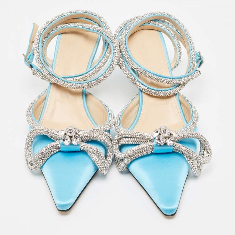 Pre Owned Mach & Mach Blue Satin Crystal Bow Ankle Wrap Pumps Size 40.5