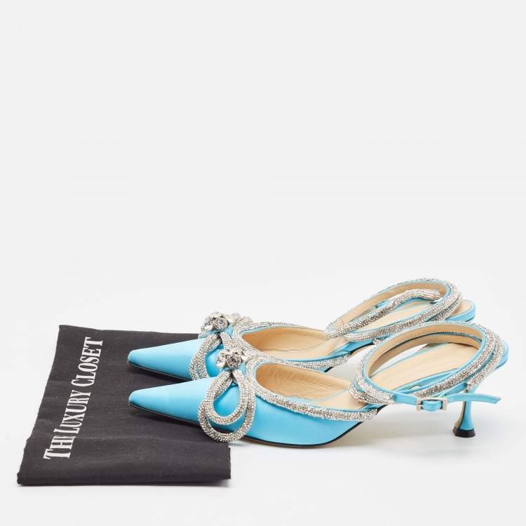 Pre Owned Mach & Mach Blue Satin Crystal Bow Ankle Wrap Pumps Size 40.5