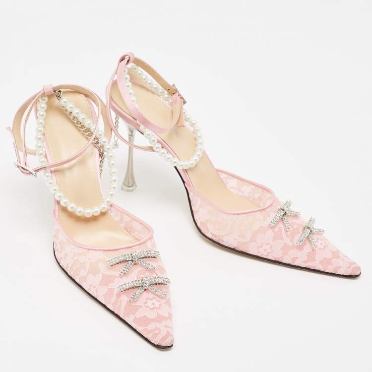 Pre Owned Mach & Mach Pink Satin and Lace Crystal Embellished Ankle Strap Pumps Size 39.5