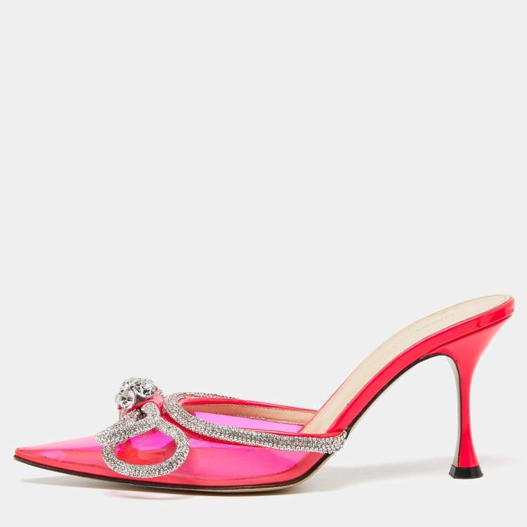 Pre Owned Mach & Mach Pink PVC Crystal Embellished Double Bow Mules Size 39