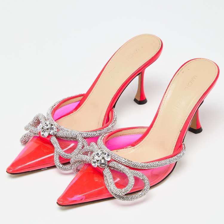 Pre Owned Mach & Mach Pink PVC Crystal Embellished Double Bow Mules Size 39