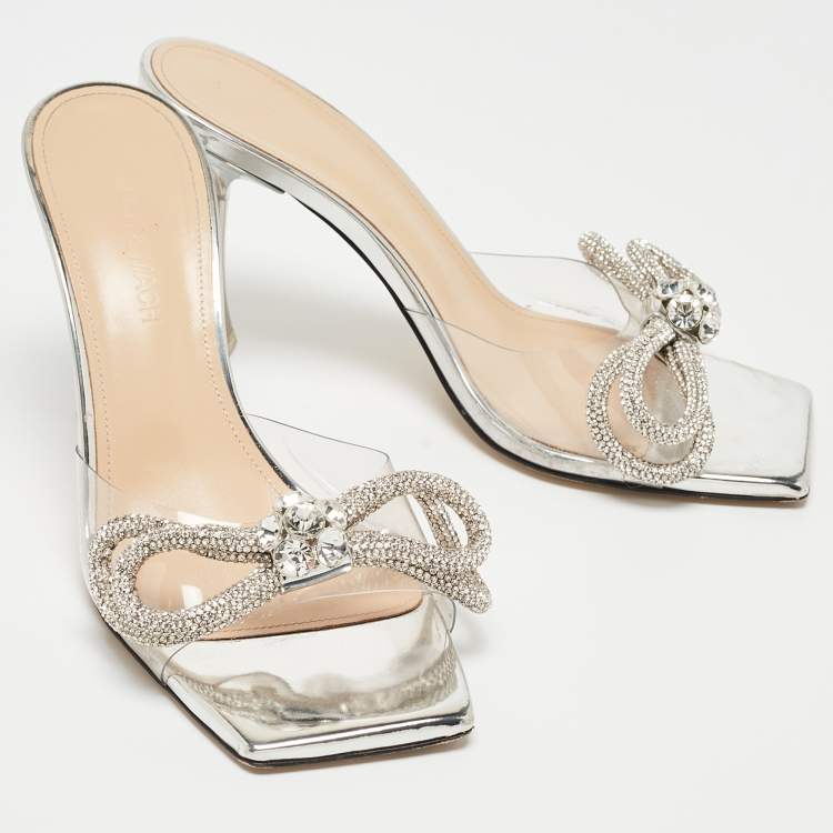 Pre Owned Mach & Mach Silver PVC Crystal Embellished Slide Sandals Size 38