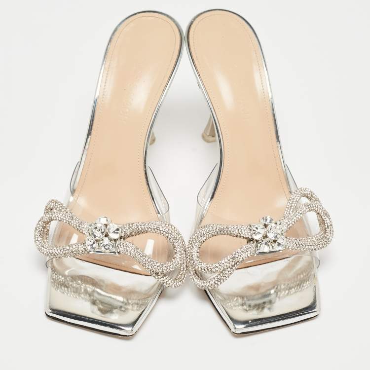 Pre Owned Mach & Mach Silver PVC Crystal Embellished Slide Sandals Size 38