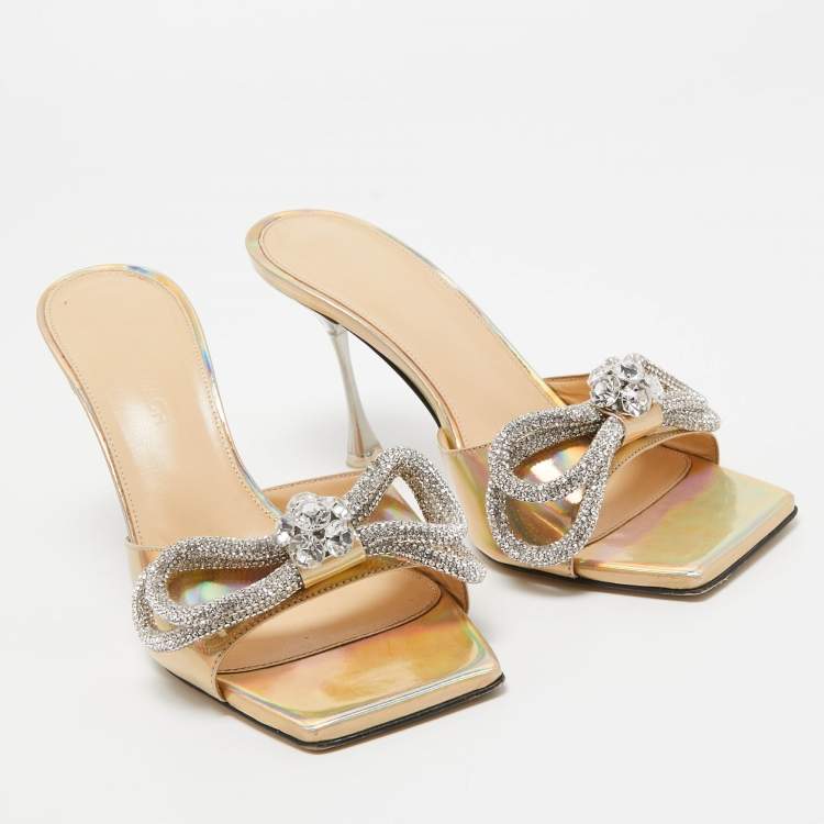Pre Owned Mach & Mach Iridescent Leather Crystal Embellished Slide Sandals Size 37.5