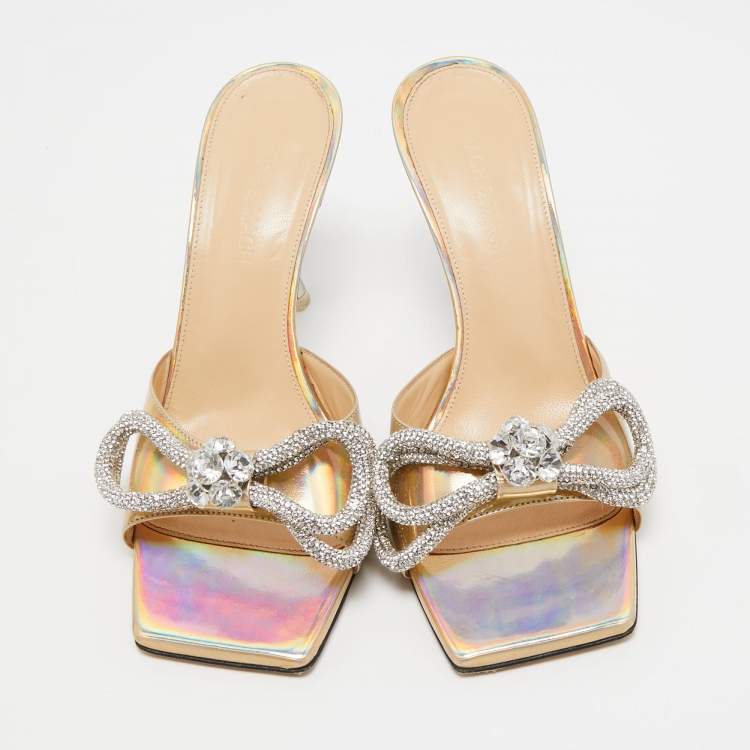 Pre Owned Mach & Mach Iridescent Leather Crystal Embellished Slide Sandals Size 37.5
