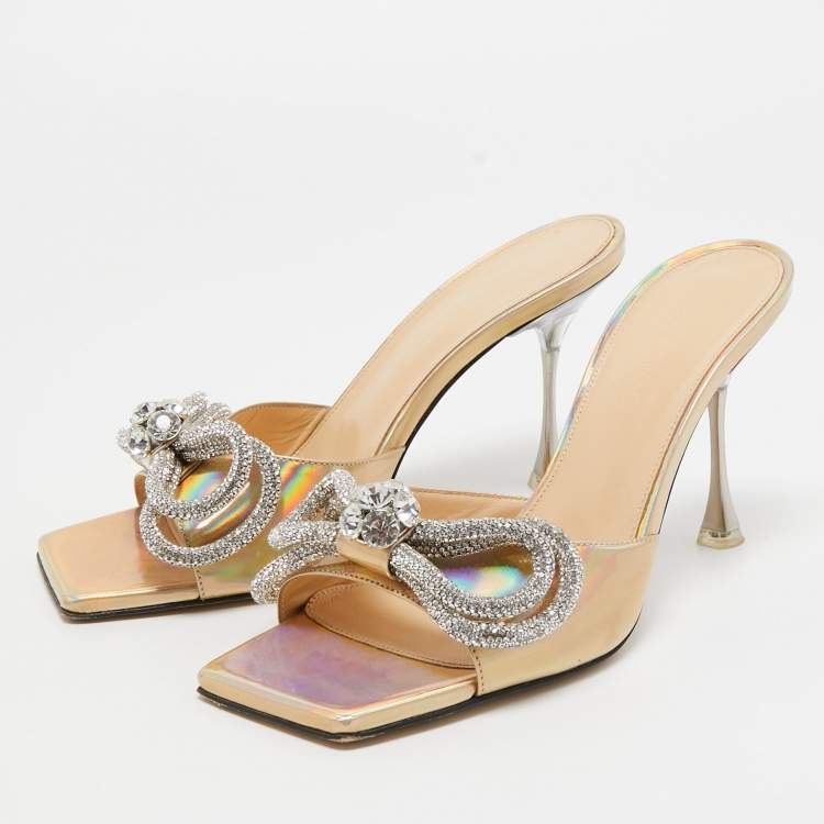 Pre Owned Mach & Mach Iridescent Leather Crystal Embellished Slide Sandals Size 37.5
