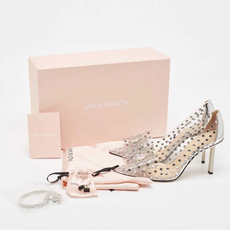 Pre Owned Mach & Mach Silver/Transparent PVC and Leather Crystal Embellished Pumps Size 37