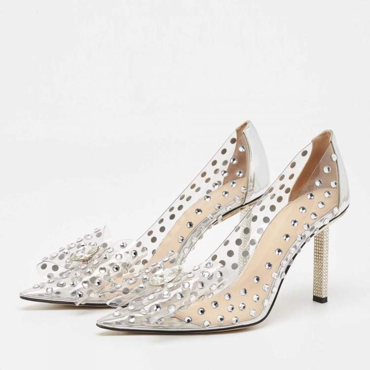 Pre Owned Mach & Mach Silver/Transparent PVC and Leather Crystal Embellished Pumps Size 37
