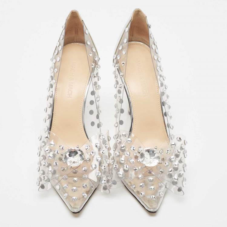 Pre Owned Mach & Mach Silver/Transparent PVC and Leather Crystal Embellished Pumps Size 37