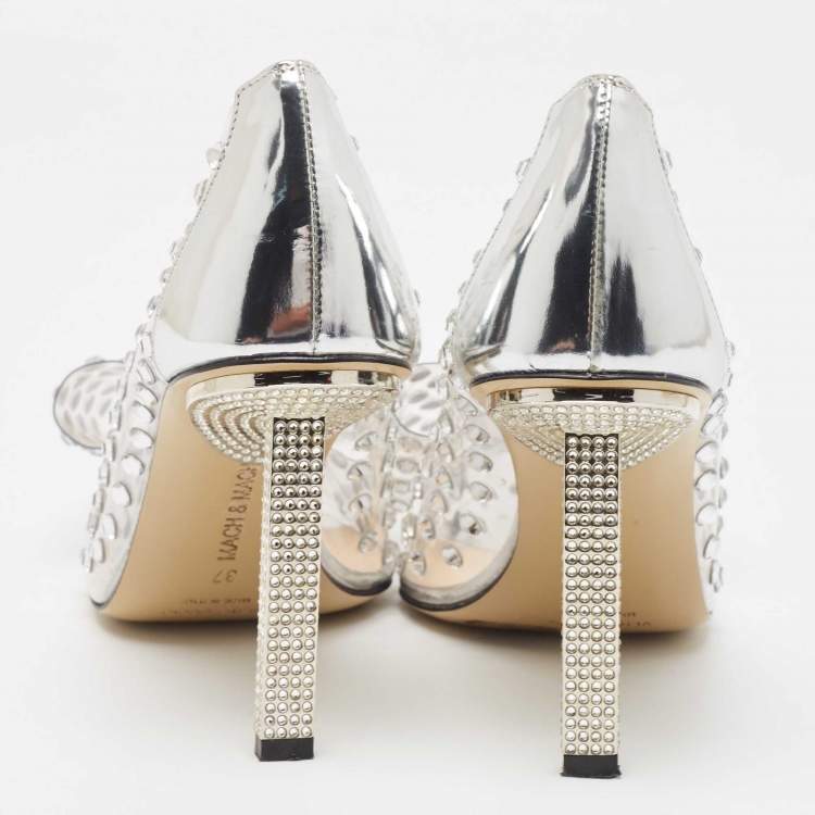 Pre Owned Mach & Mach Silver/Transparent PVC and Leather Crystal Embellished Pumps Size 37