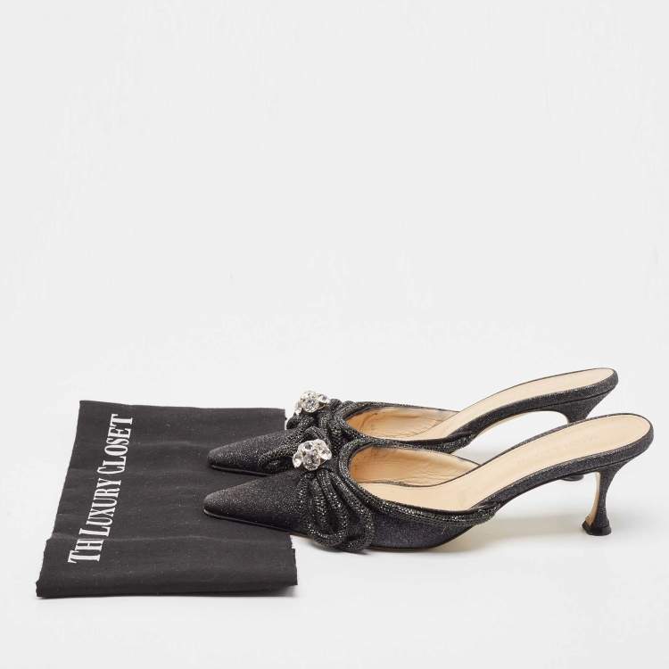 Pre Owned Mach & Mach Black Glitter Crystal Embellished Double Bow Mules Size 39