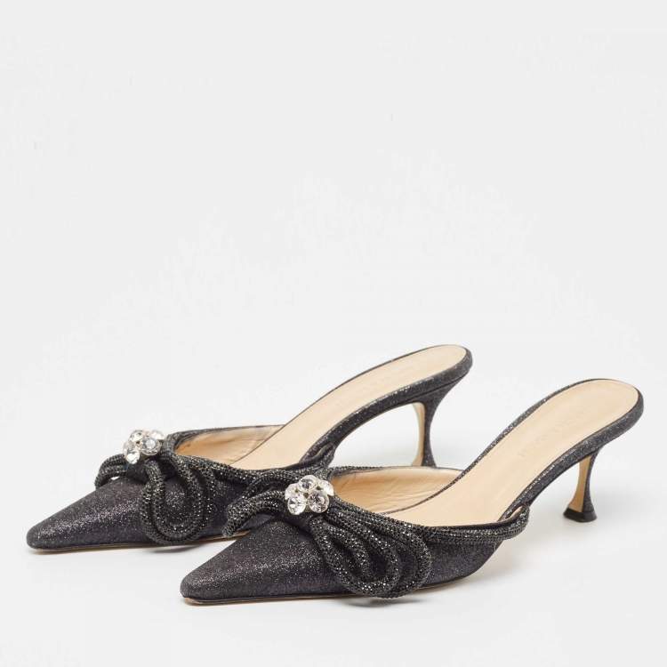 Pre Owned Mach & Mach Black Glitter Crystal Embellished Double Bow Mules Size 39