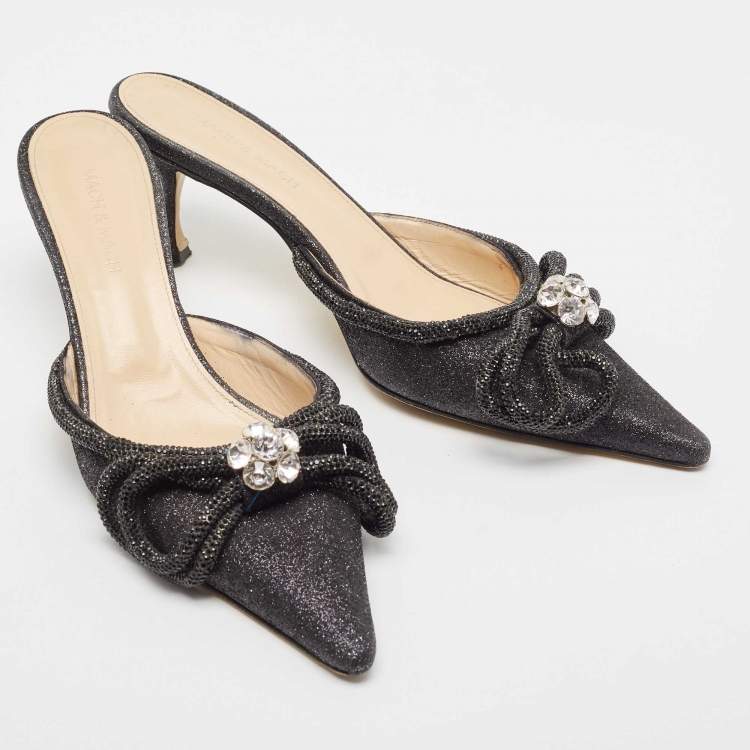 Pre Owned Mach & Mach Black Glitter Crystal Embellished Double Bow Mules Size 39