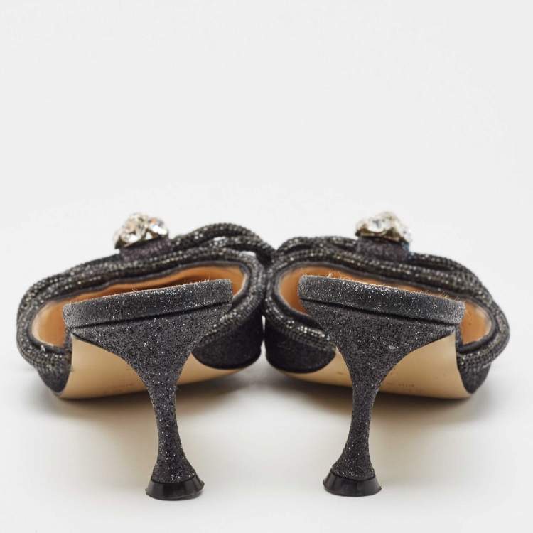 Pre Owned Mach & Mach Black Glitter Crystal Embellished Double Bow Mules Size 39