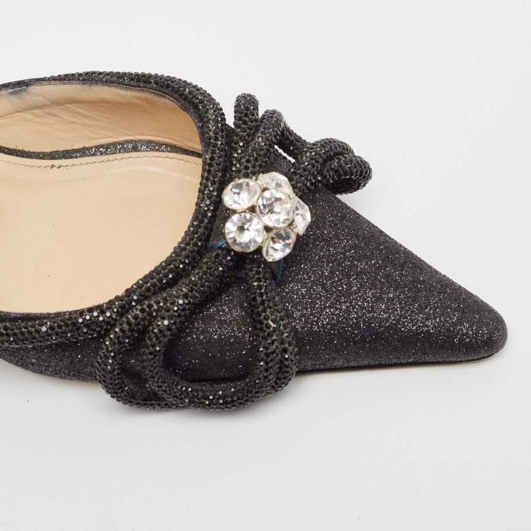 Pre Owned Mach & Mach Black Glitter Crystal Embellished Double Bow Mules Size 39