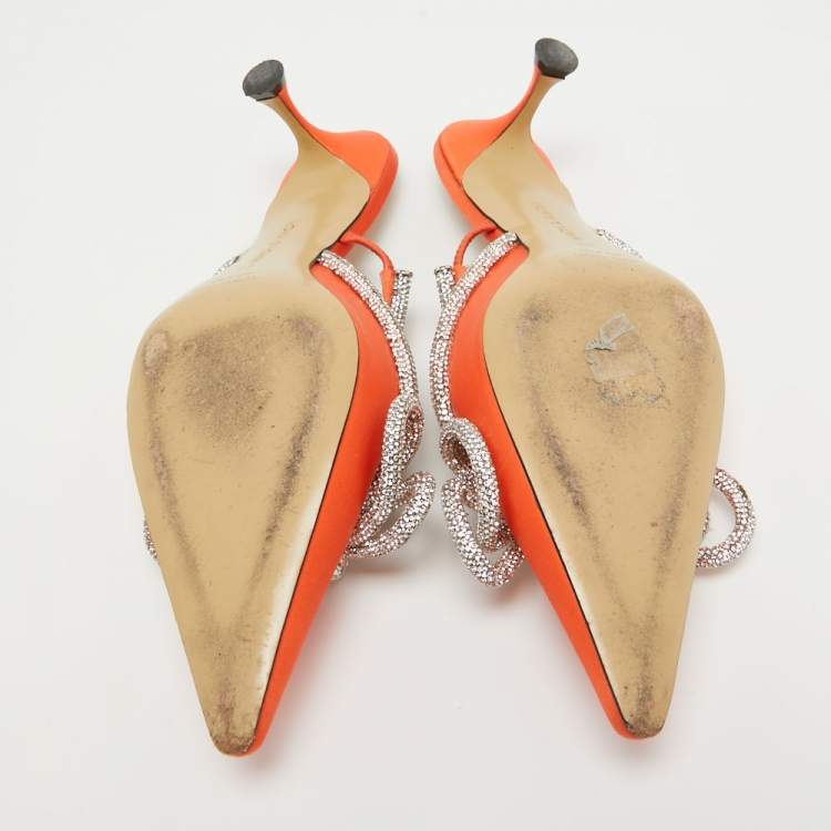 Pre Owned Mach & Mach Orange Satin Crystal Embellished Double Bow Mules Size 40