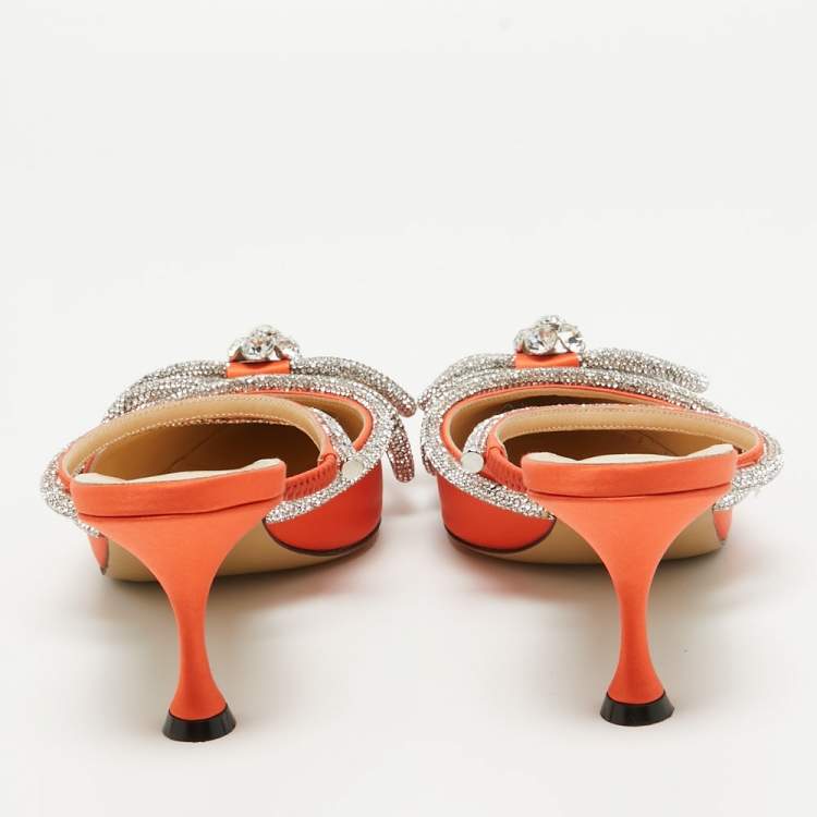Pre Owned Mach & Mach Orange Satin Crystal Embellished Double Bow Mules Size 40