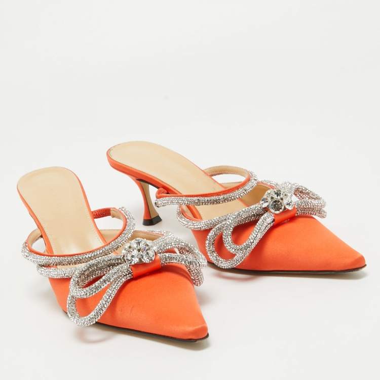 Pre Owned Mach & Mach Orange Satin Crystal Embellished Double Bow Mules Size 40