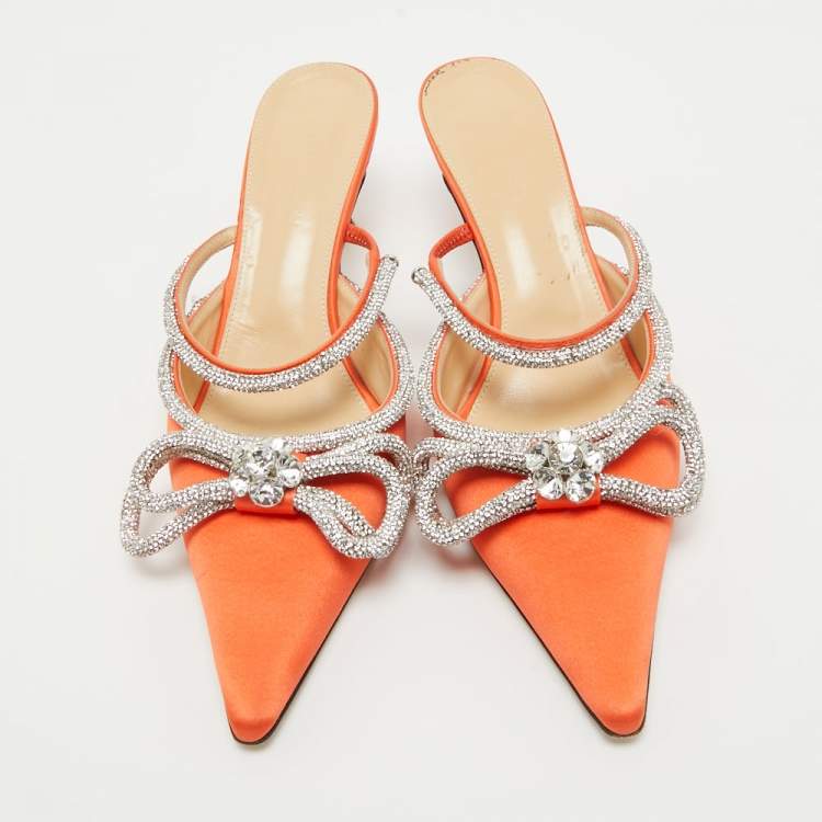 Pre Owned Mach & Mach Orange Satin Crystal Embellished Double Bow Mules Size 40
