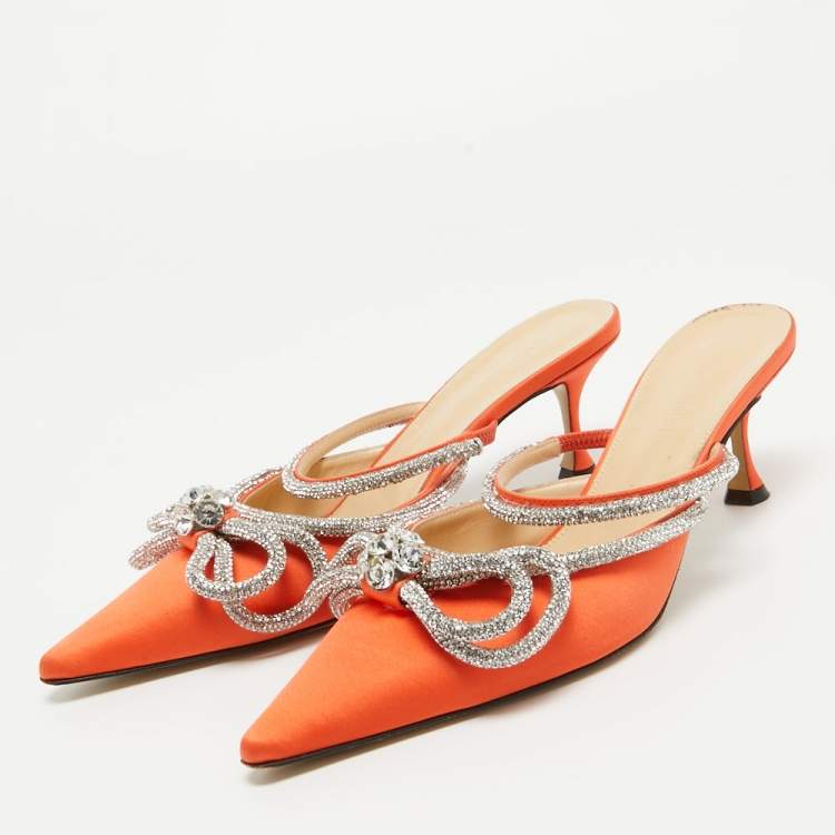 Pre Owned Mach & Mach Orange Satin Crystal Embellished Double Bow Mules Size 40