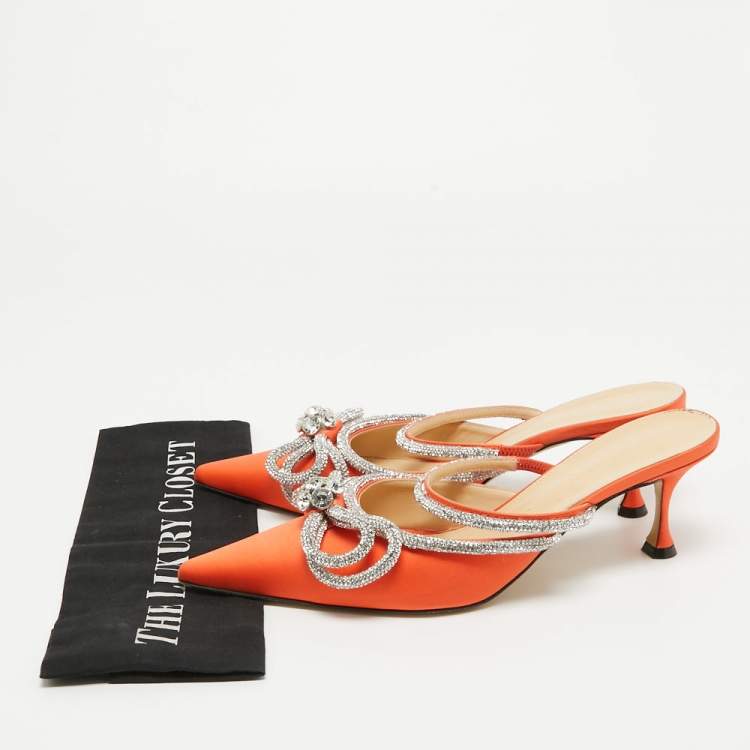 Pre Owned Mach & Mach Orange Satin Crystal Embellished Double Bow Mules Size 40