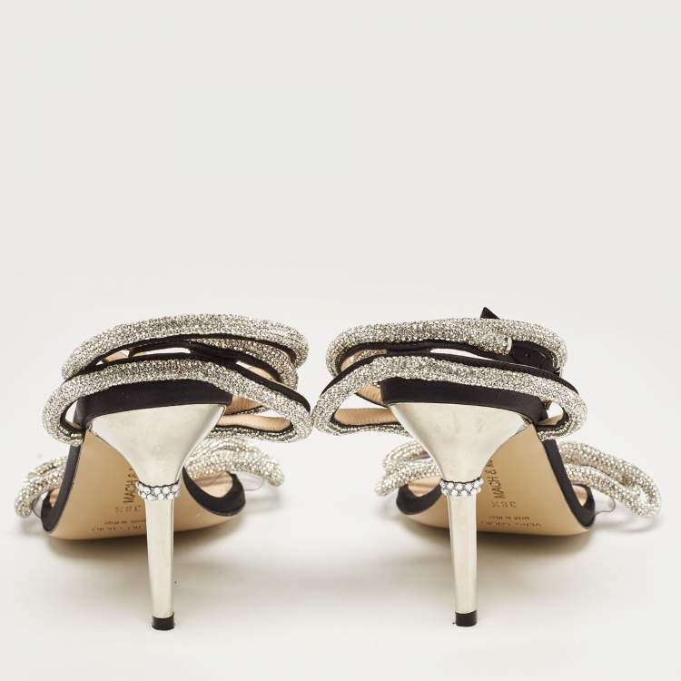 Pre Owned Mach & Mach Black Satin Crystal Embellished Double Bow Ankle Wrap Sandals Size 38.5