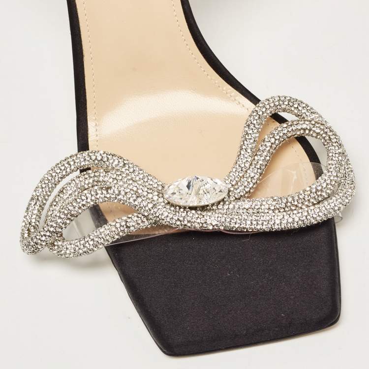 Pre Owned Mach & Mach Black Satin Crystal Embellished Double Bow Ankle Wrap Sandals Size 38.5