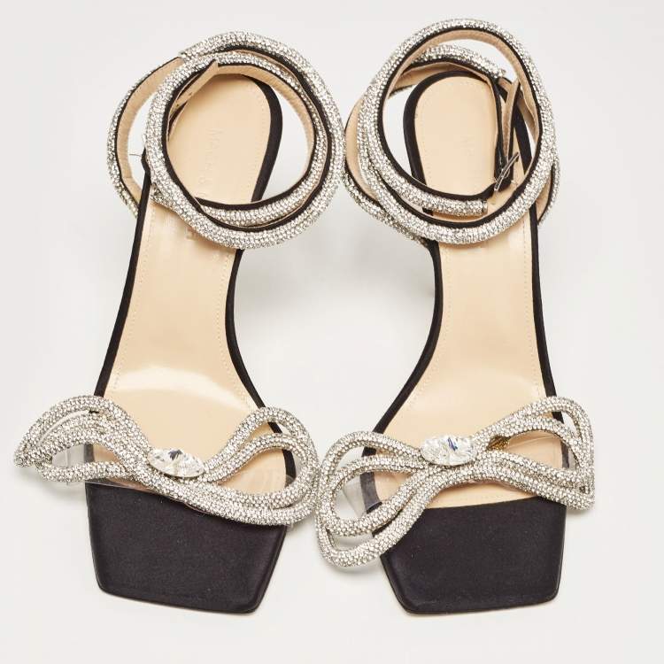 Pre Owned Mach & Mach Black Satin Crystal Embellished Double Bow Ankle Wrap Sandals Size 38.5