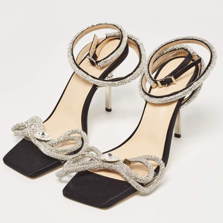 Pre Owned Mach & Mach Black Satin Crystal Embellished Double Bow Ankle Wrap Sandals Size 38.5
