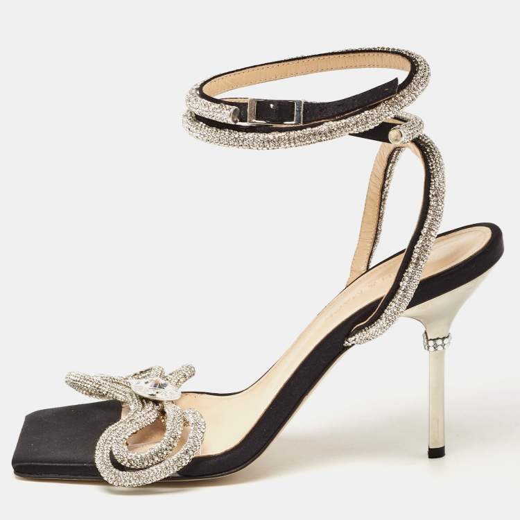 Pre Owned Mach & Mach Black Satin Crystal Embellished Double Bow Ankle Wrap Sandals Size 38.5