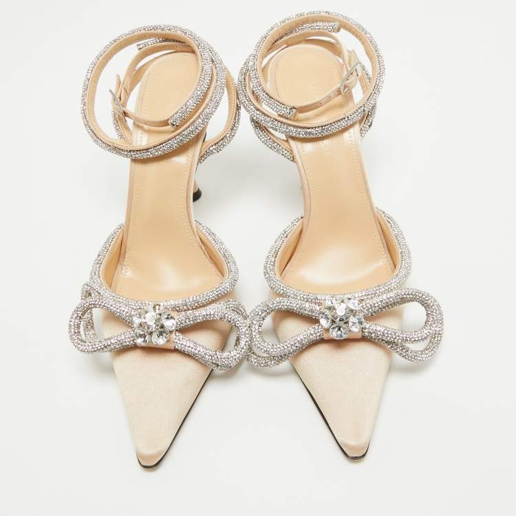 Pre Owned Mach & Mach Beige Satin Crystal Embellished Double Bow Ankle Wrap Pumps Size 38