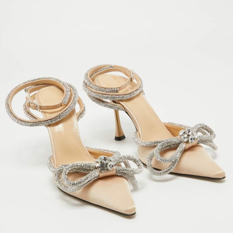 Pre Owned Mach & Mach Beige Satin Crystal Embellished Double Bow Ankle Wrap Pumps Size 38