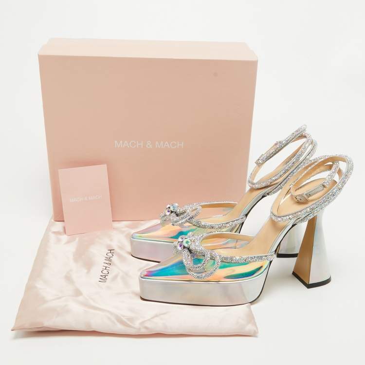 Pre Owned Mach & Mach Multicolor PVC Crystal Embellished Double Bow Platform Ankle Strap Pumps Size 41