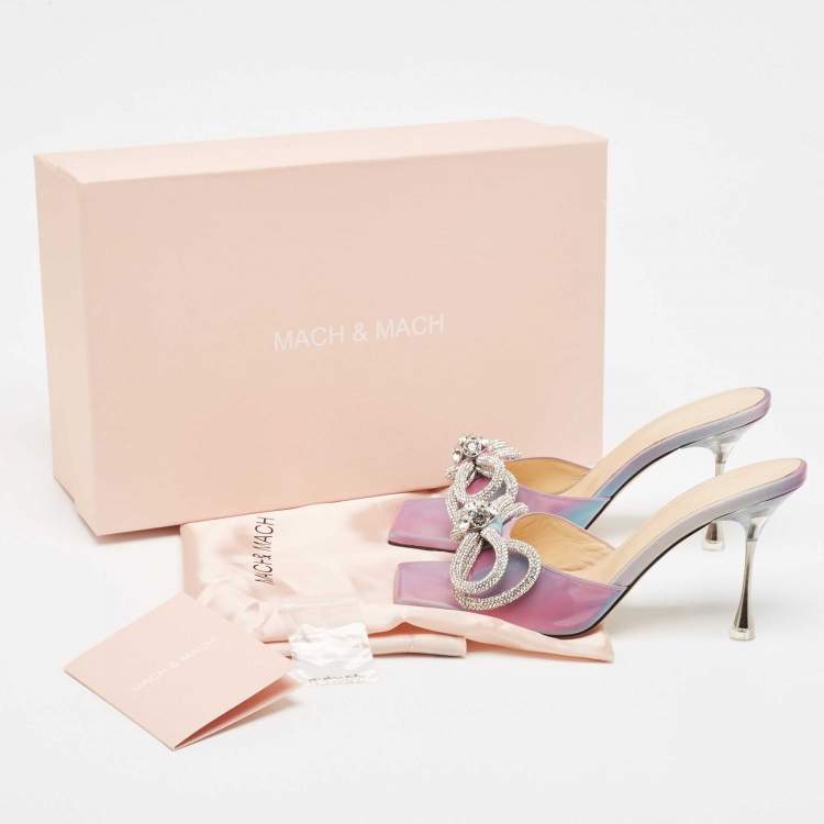 Pre Owned Mach & Mach iridescent  PVC Crystal Embellished Double Bow Slide Sandals Size 37.5