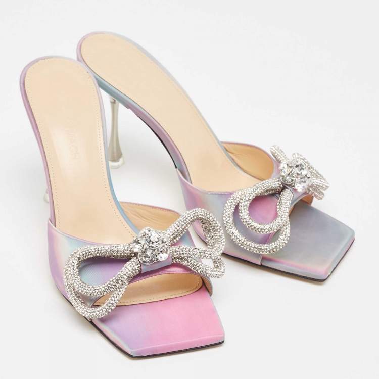 Pre Owned Mach & Mach iridescent  PVC Crystal Embellished Double Bow Slide Sandals Size 37.5