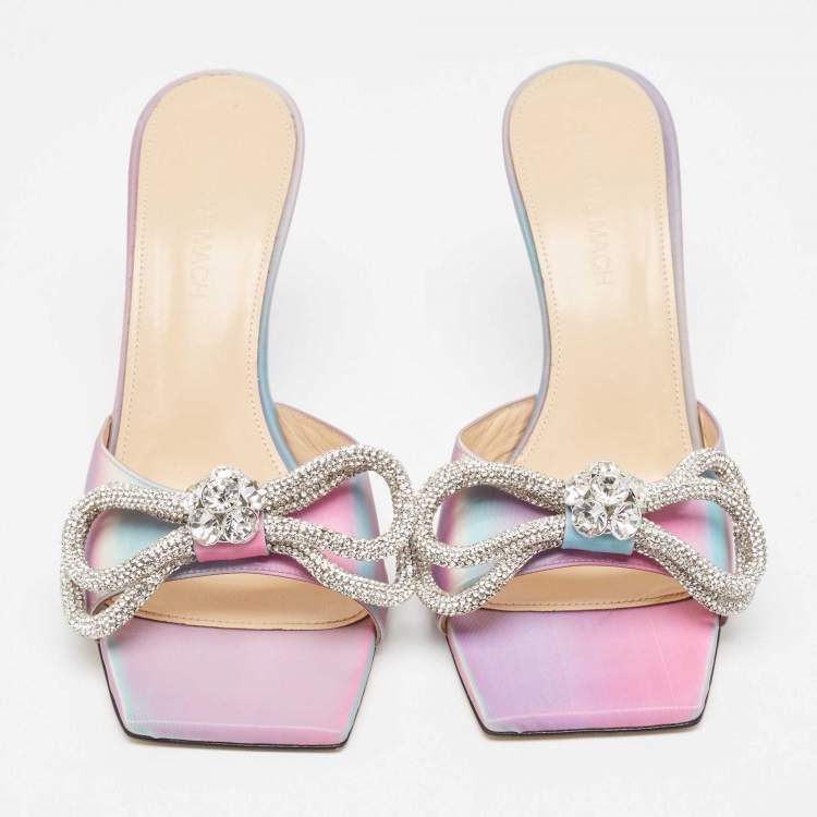 Pre Owned Mach & Mach iridescent  PVC Crystal Embellished Double Bow Slide Sandals Size 37.5