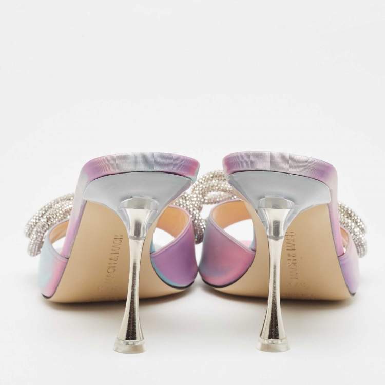 Pre Owned Mach & Mach iridescent  PVC Crystal Embellished Double Bow Slide Sandals Size 37.5