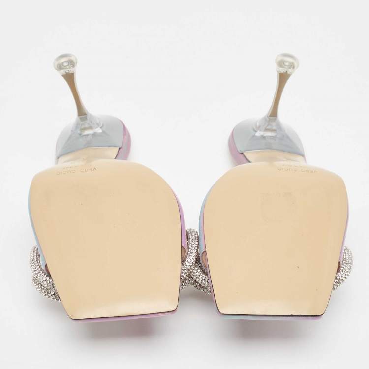 Pre Owned Mach & Mach iridescent  PVC Crystal Embellished Double Bow Slide Sandals Size 37.5
