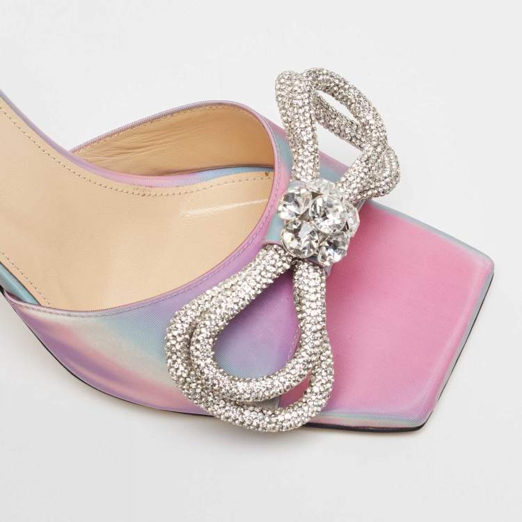 Pre Owned Mach & Mach iridescent  PVC Crystal Embellished Double Bow Slide Sandals Size 37.5