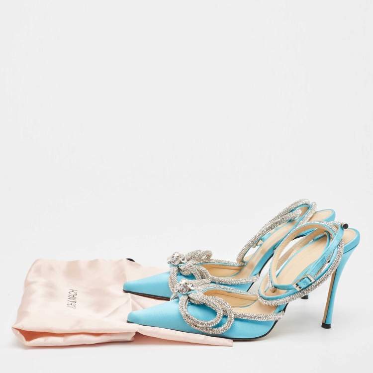 Pre Owned Mach & Mach Blue Satin Crystal Embellished Double Bow Pumps Size 39