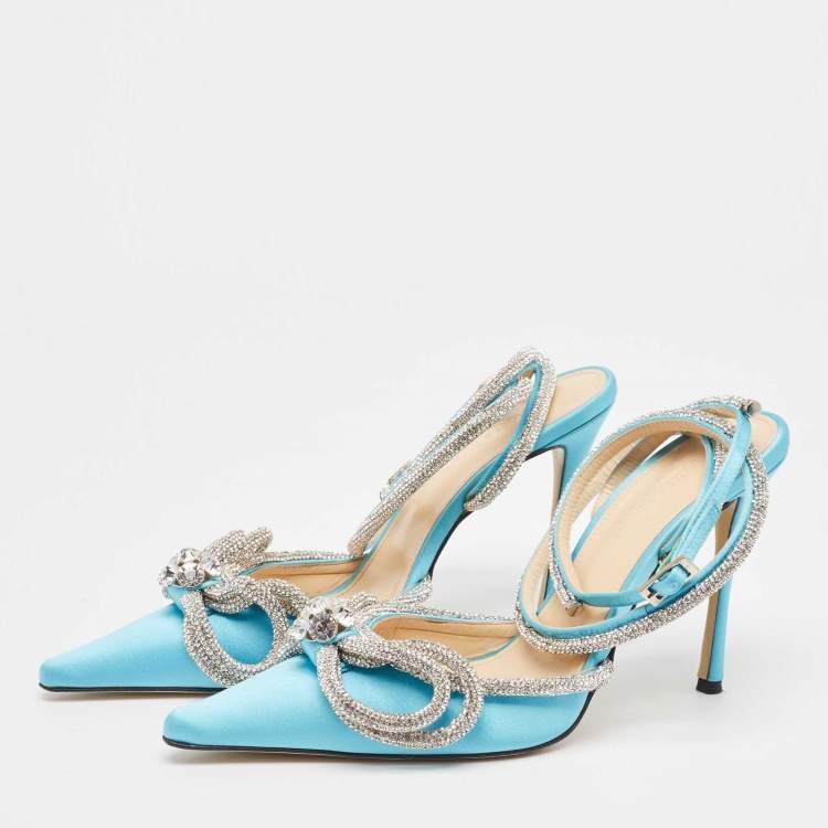 Pre Owned Mach & Mach Blue Satin Crystal Embellished Double Bow Pumps Size 39