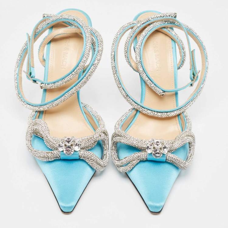 Pre Owned Mach & Mach Blue Satin Crystal Embellished Double Bow Pumps Size 39