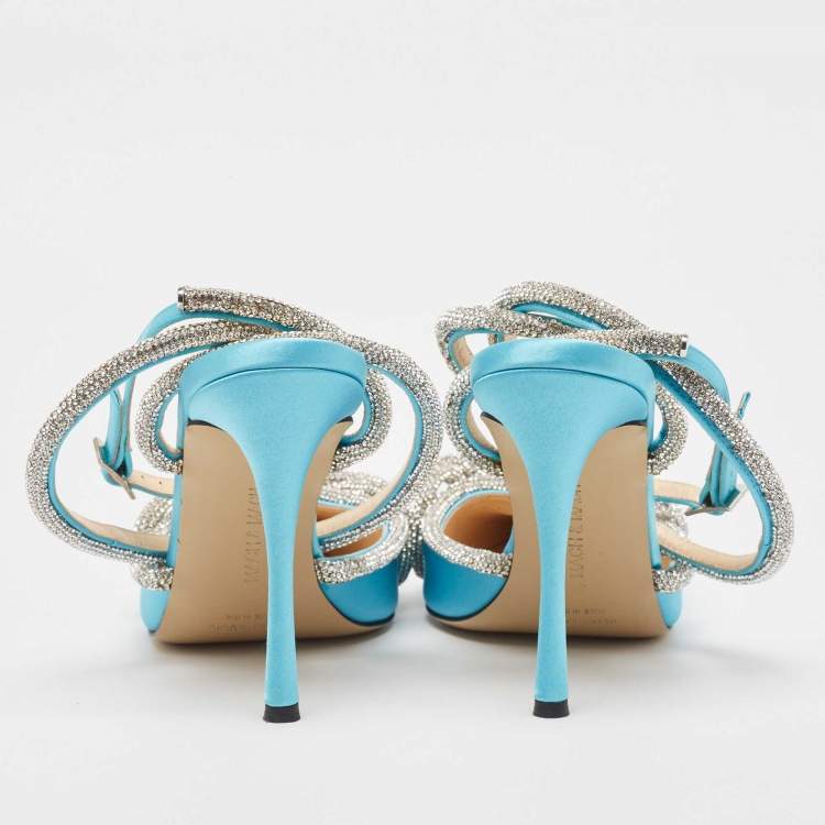 Pre Owned Mach & Mach Blue Satin Crystal Embellished Double Bow Pumps Size 39
