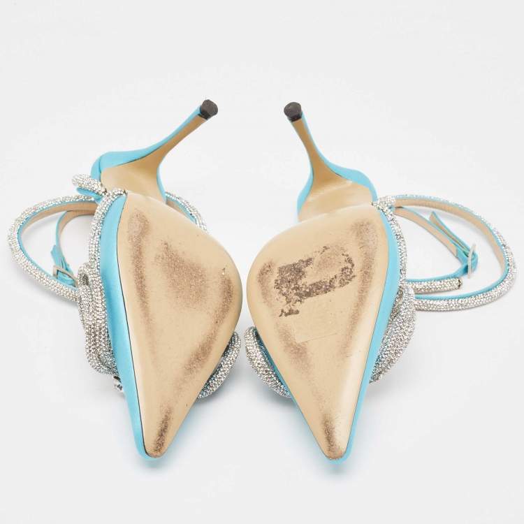Pre Owned Mach & Mach Blue Satin Crystal Embellished Double Bow Pumps Size 39