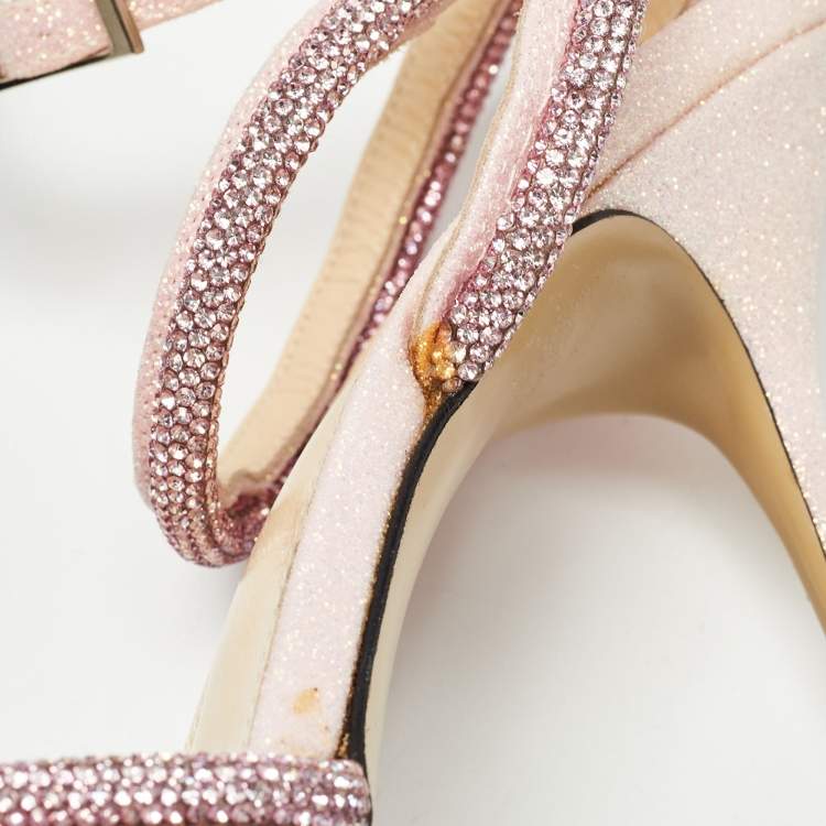 Pre Owned Mach & Mach Pink Glitter Double Bow Ankle Wrap Pumps Size 40