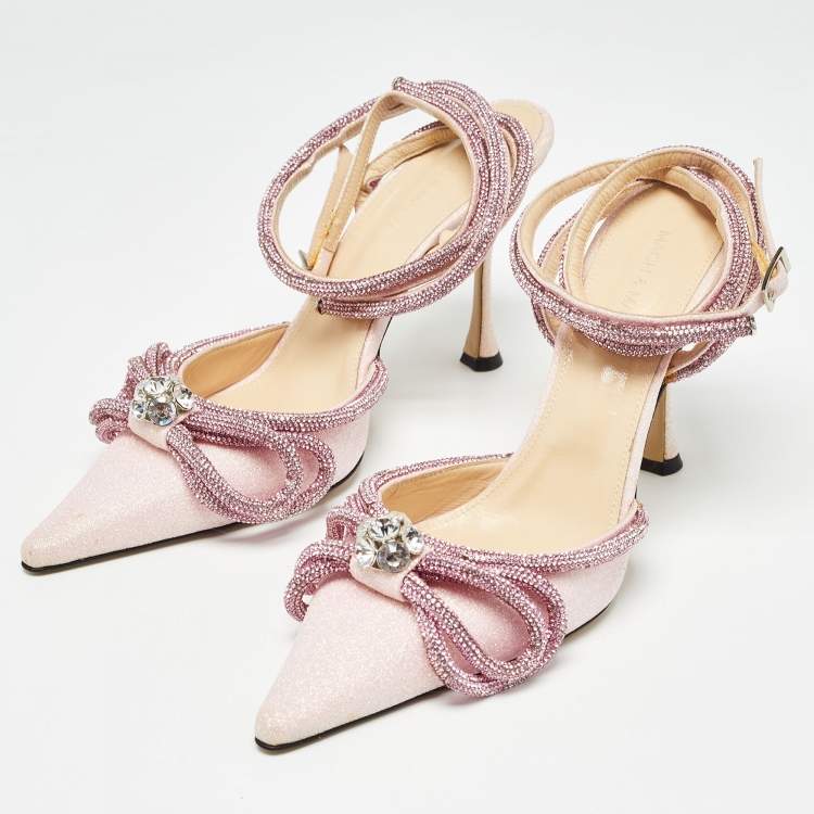 Pre Owned Mach & Mach Pink Glitter Double Bow Ankle Wrap Pumps Size 40