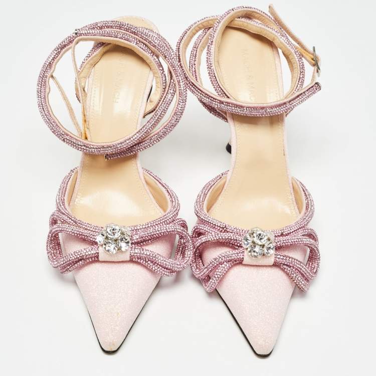 Pre Owned Mach & Mach Pink Glitter Double Bow Ankle Wrap Pumps Size 40