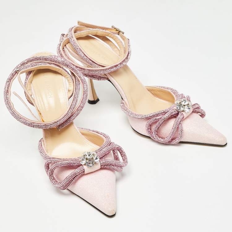 Pre Owned Mach & Mach Pink Glitter Double Bow Ankle Wrap Pumps Size 40