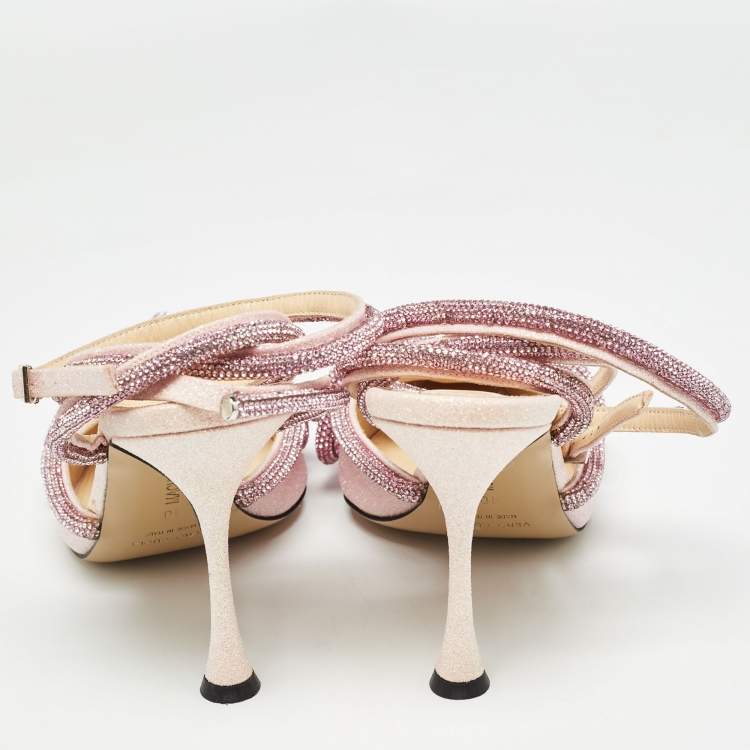 Pre Owned Mach & Mach Pink Glitter Double Bow Ankle Wrap Pumps Size 40