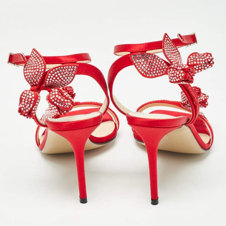 Pre Owned Mach & Mach Red Satin Tulip Crystals Ankle Strap Sandals Size 39